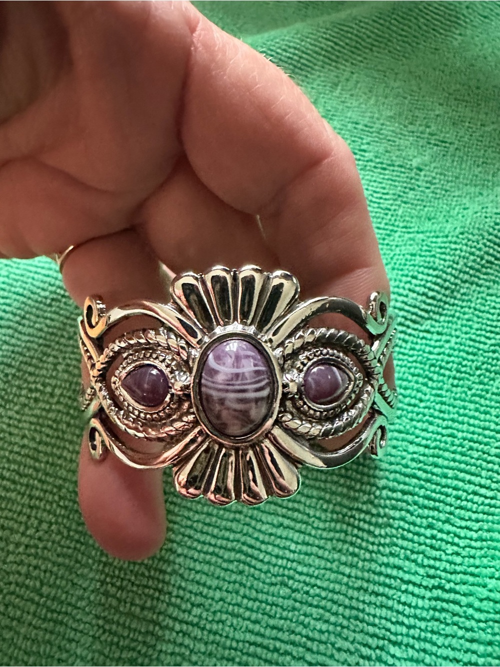 Source Unknown Silver Cuff Bracelet with Purple Cabochons